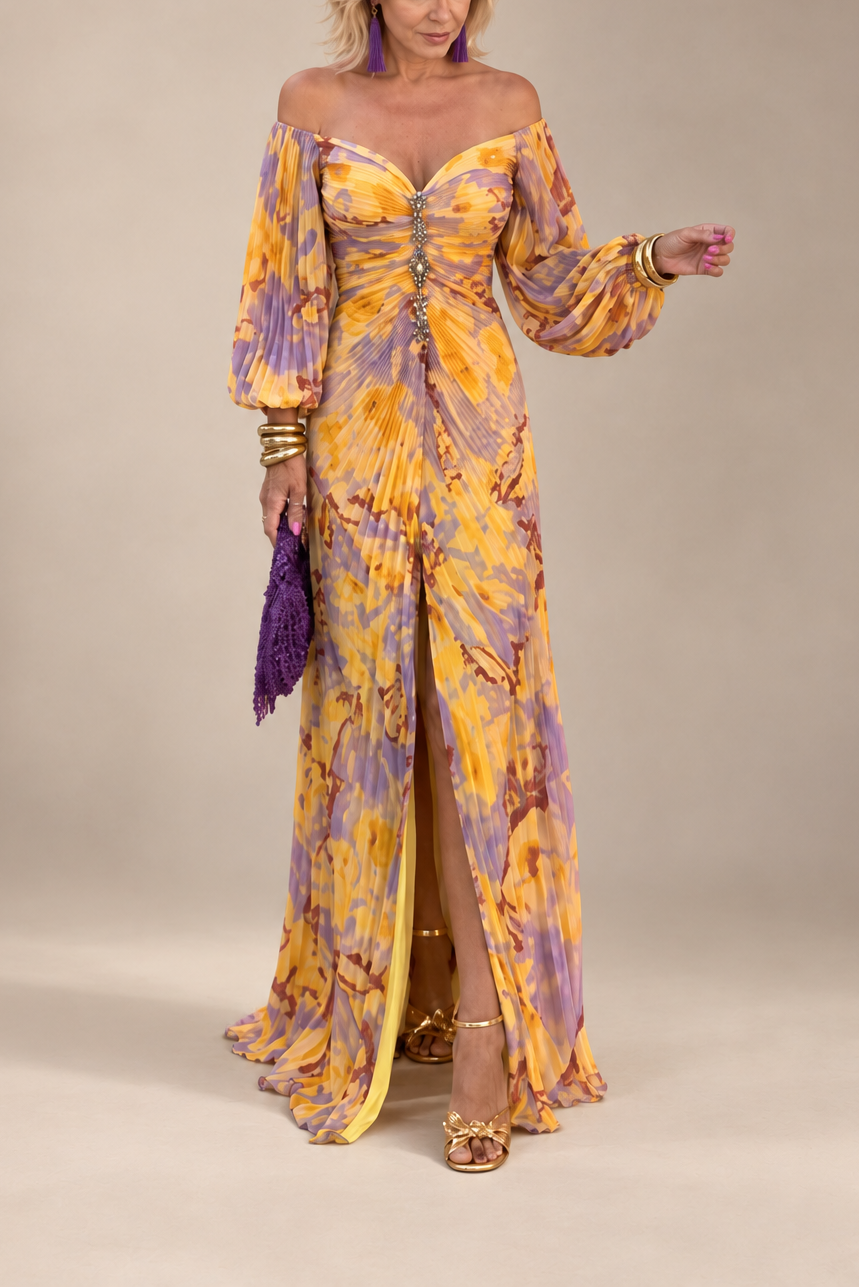 Margaux | Lange Blumenkleid mit tiefem Ausschnitt