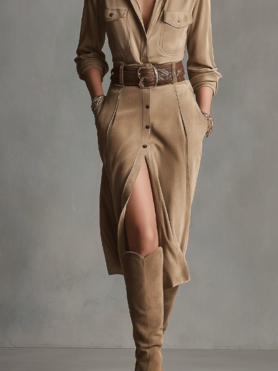 Sophie | Elegantes Midikleid in Wildlederoptik mit Seitenschlitzen