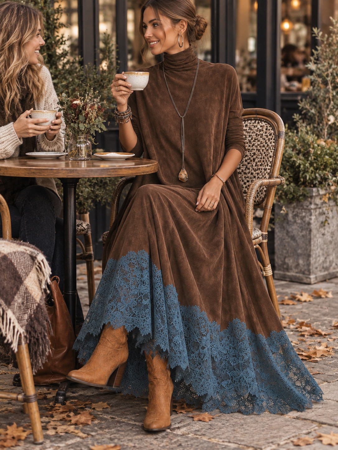 PIERA | Langes Kleid mit Wildleder-Effekt und Spitzenrand