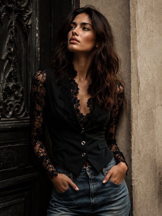Noémie | Oberes Blazer in Schwarz mit Halbtransparenten Ärmeln