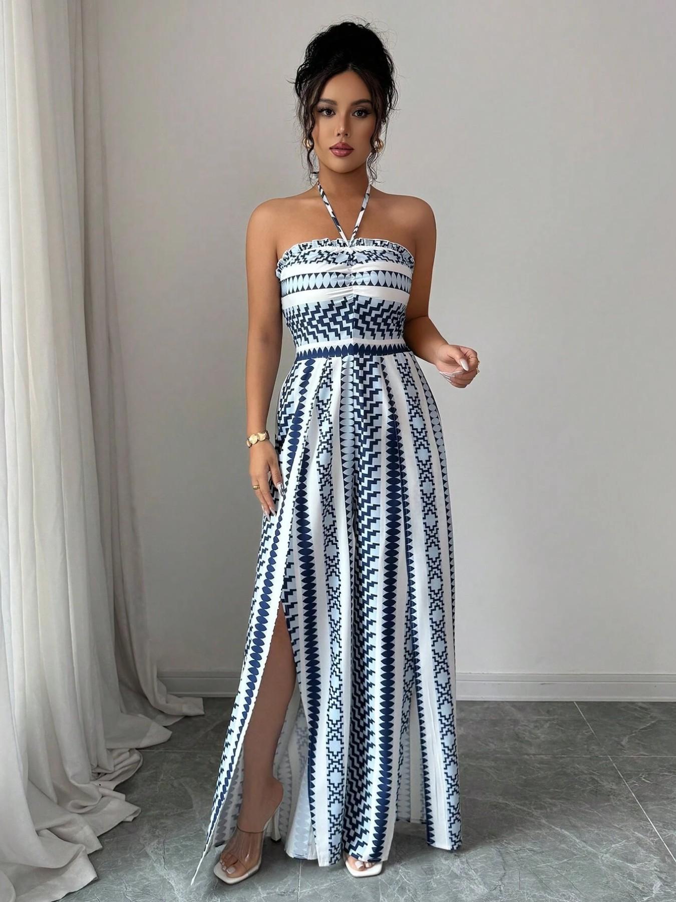 Azura Jumpsuit – Geometrischer Print mit Seitenschlitz