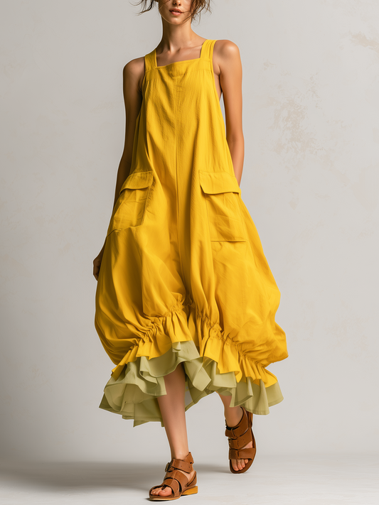 Danielle | Midi Kleid ohne Ärmel mit großen Taschen, Überlagerungen und Volant-Saum
