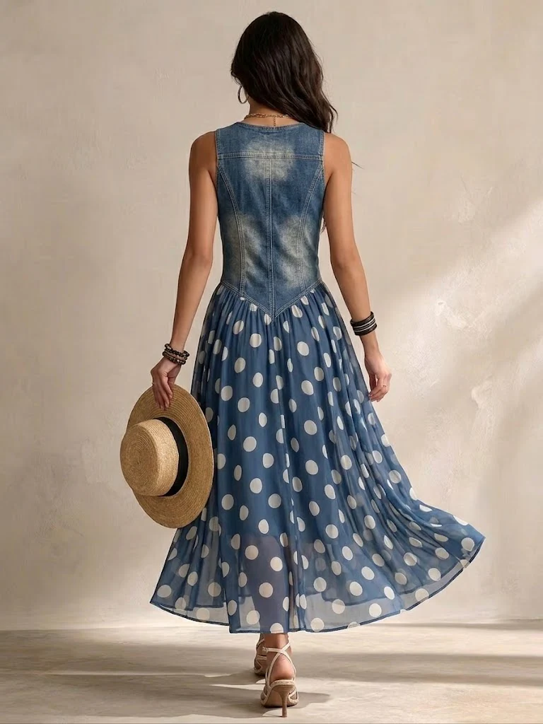Adeline | Lange Jeanskleid mit Punkten