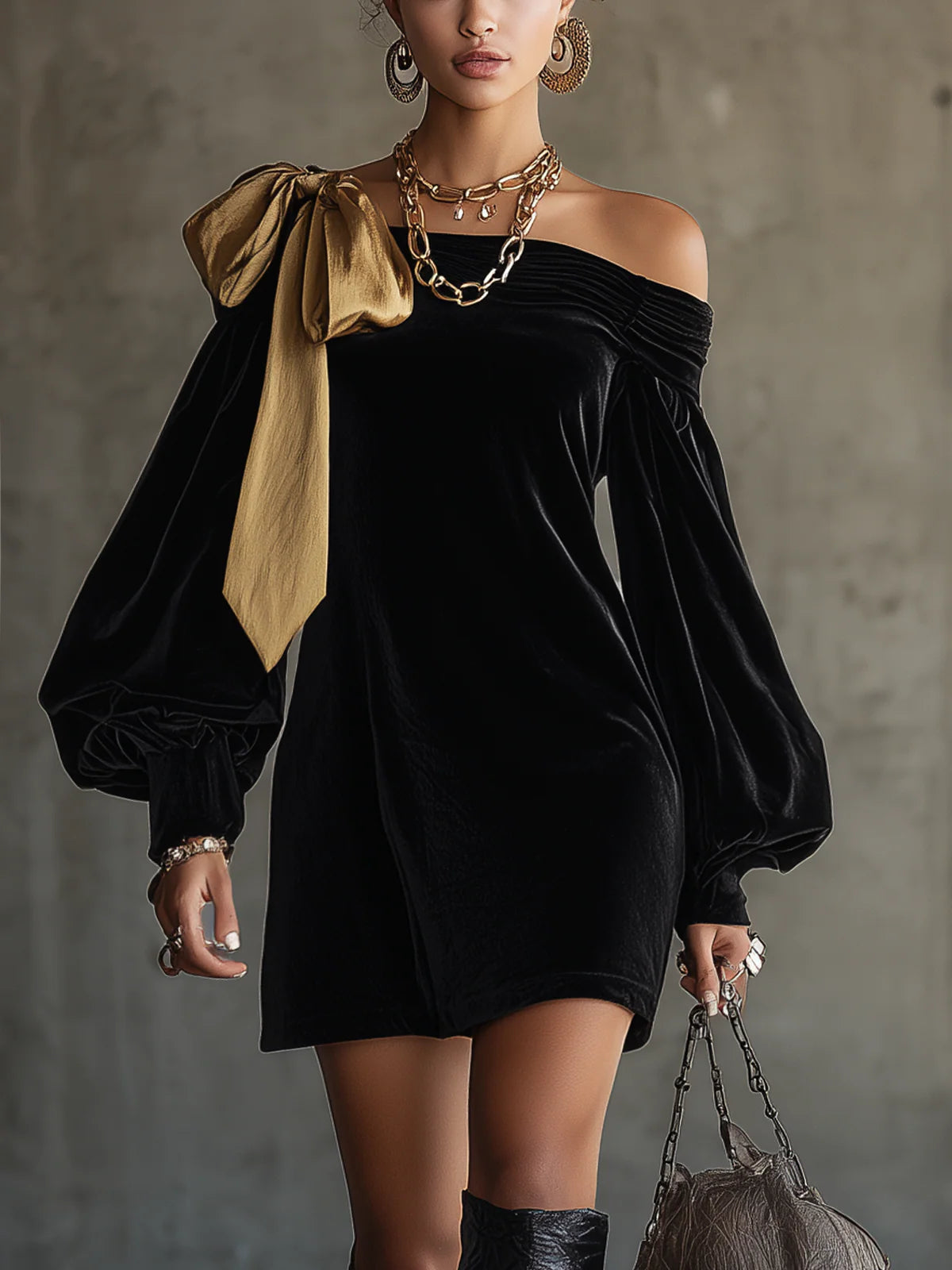 Ysaline | Schulterfreies Minikleid aus schwarzem Samt mit goldenen Satindetails