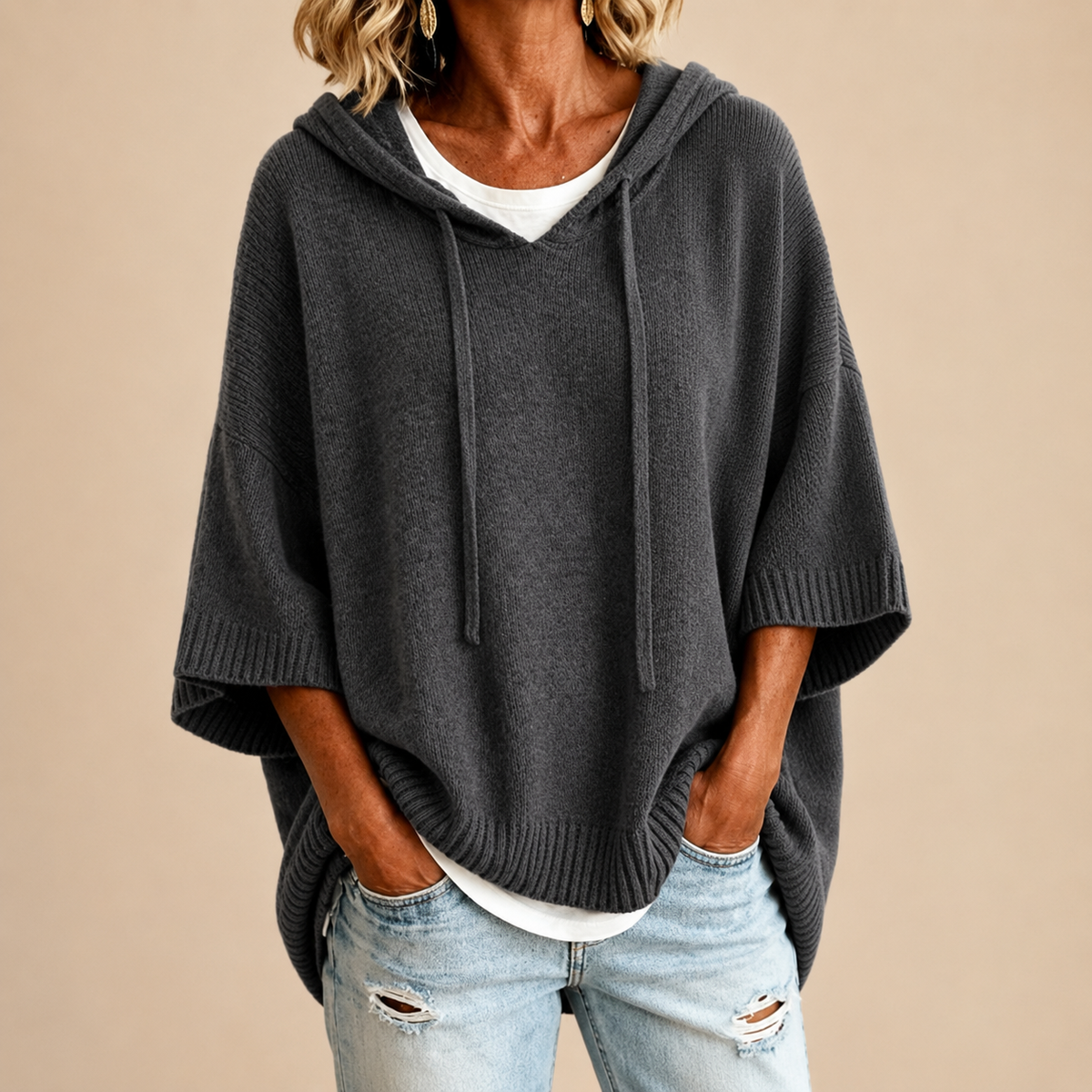 Ottavia | Oversize Kapuzenpullover Damen – Poncho-Style mit 3/4-Ärmeln