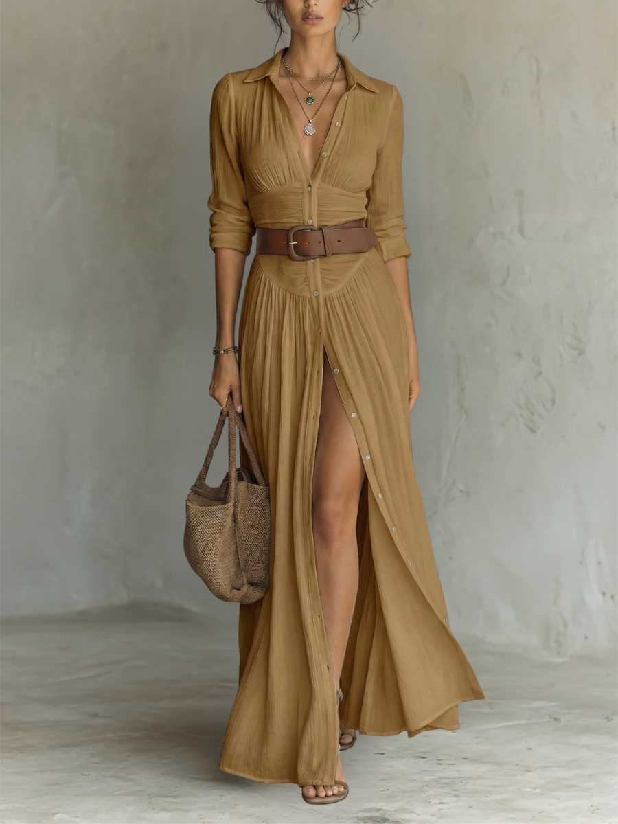 CELINE – Elegantes Leinen-Maxikleid mit Reverskragen