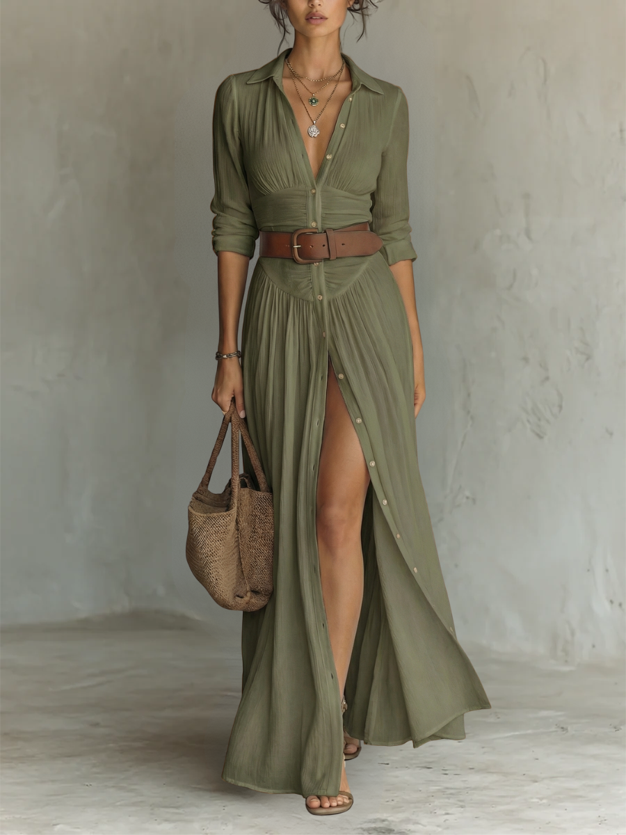 CELINE – Elegantes Leinen-Maxikleid mit Reverskragen