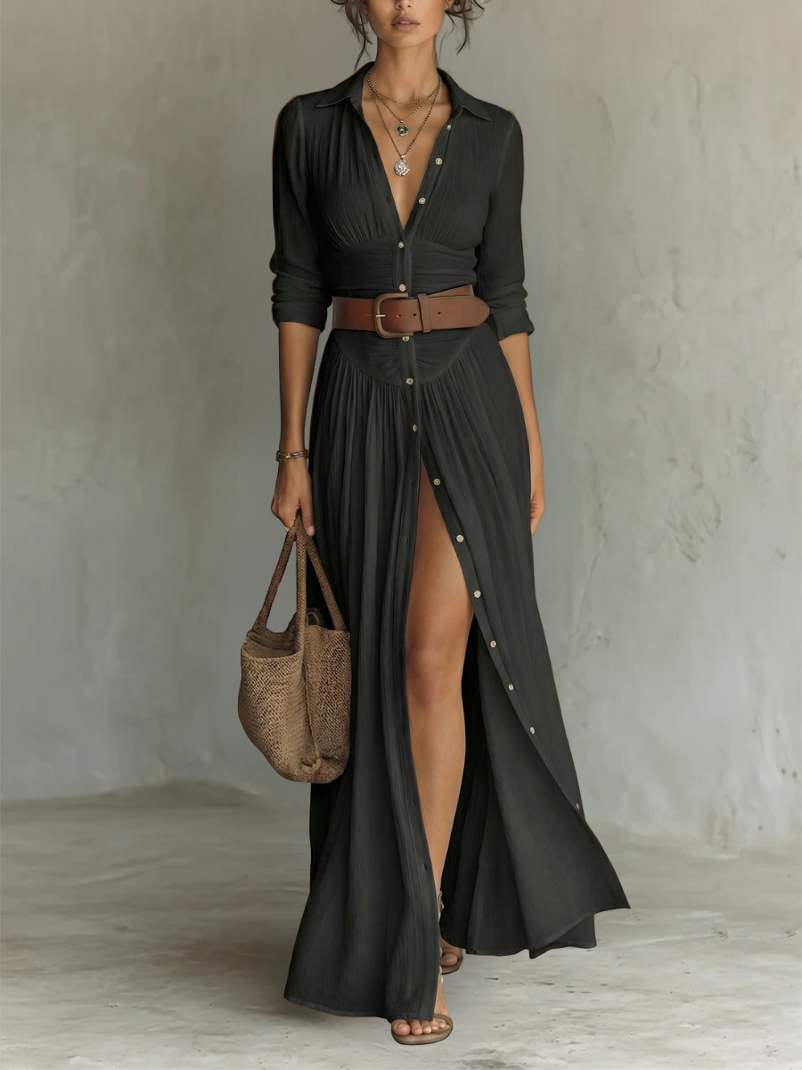 CELINE – Elegantes Leinen-Maxikleid mit Reverskragen