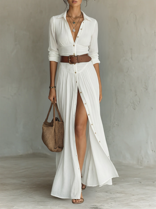 CELINE – Elegantes Leinen-Maxikleid mit Reverskragen