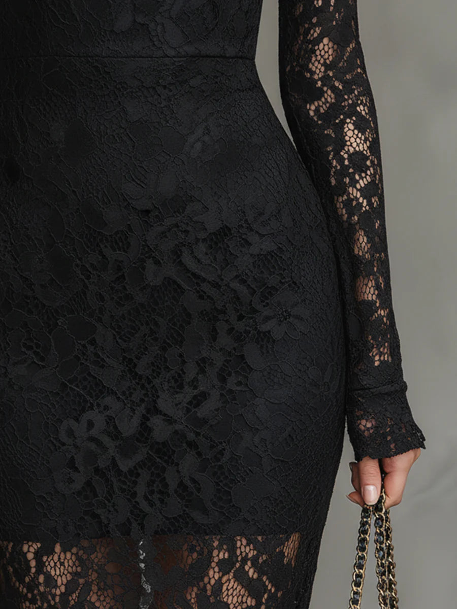Ondine | Schwarzes Maxikleid aus Stretchspitze im Meerjungfrauen-Schnitt