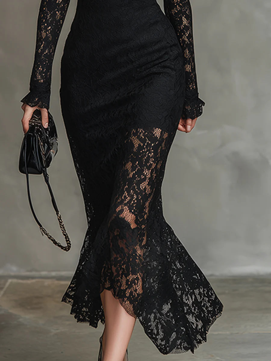 Ondine | Schwarzes Maxikleid aus Stretchspitze im Meerjungfrauen-Schnitt