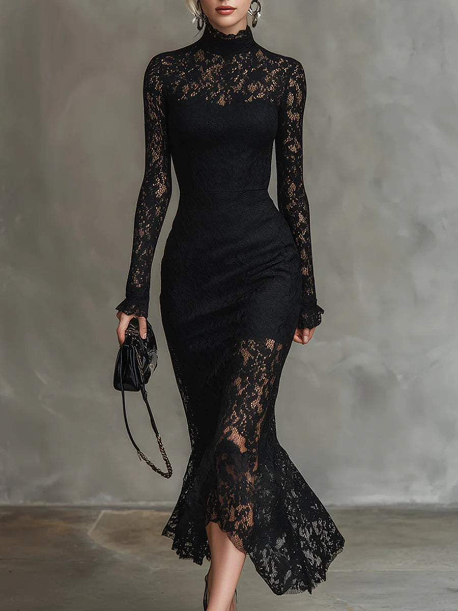 Ondine | Schwarzes Maxikleid aus Stretchspitze im Meerjungfrauen-Schnitt