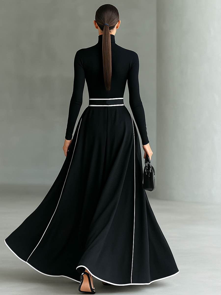 Colette | Maxi-Kleid für Frauen in Schwarz mit Weißen Nähten und Stehkragen, Lange Ärmel, Tailliert