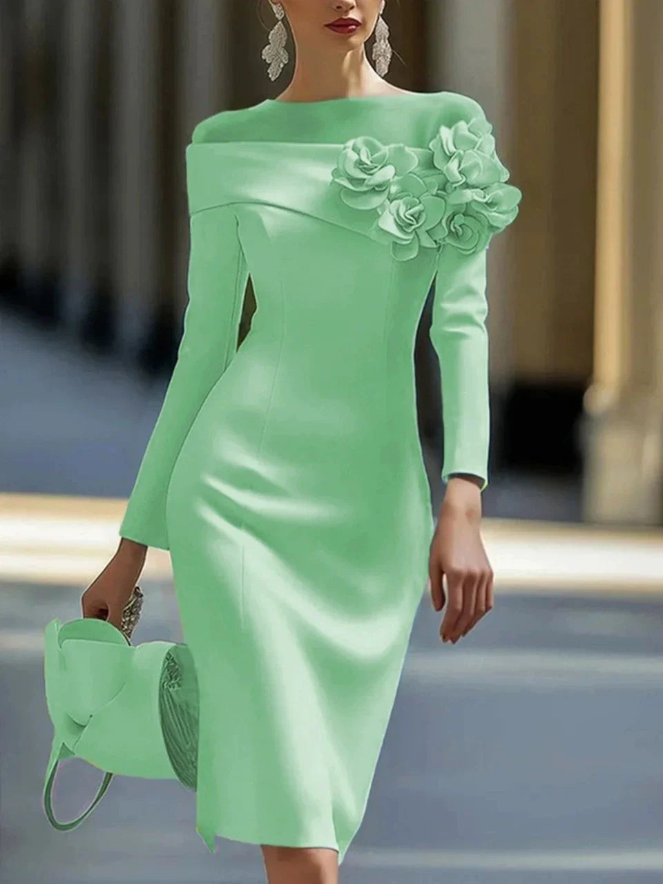 Rundhals Off-Shoulder 3D Blumen Midi Kleid