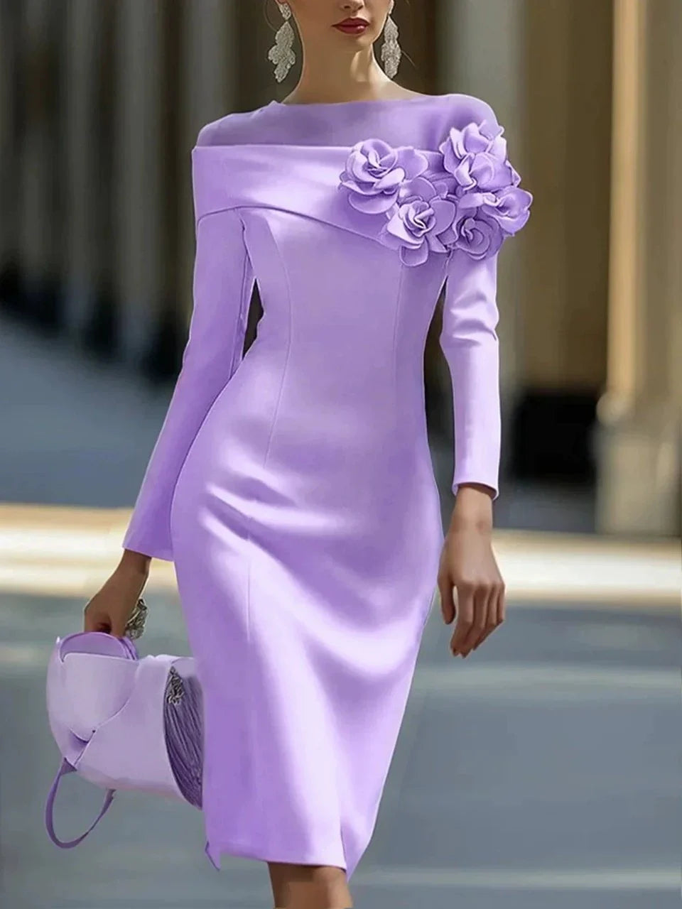 Rundhals Off-Shoulder 3D Blumen Midi Kleid