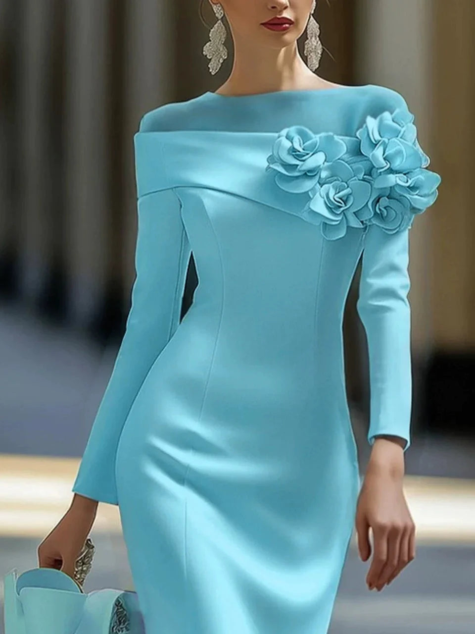 Rundhals Off-Shoulder 3D Blumen Midi Kleid