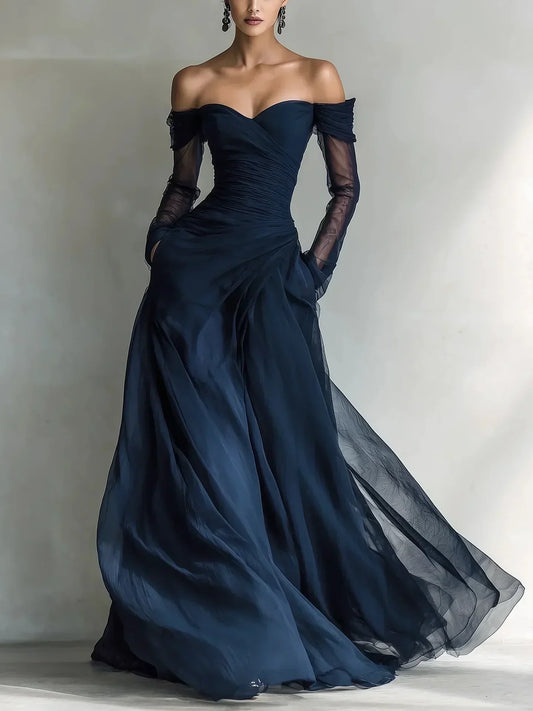 Éléonore | Lange Kleid mit schulterfreien Mesh-Einsätzen