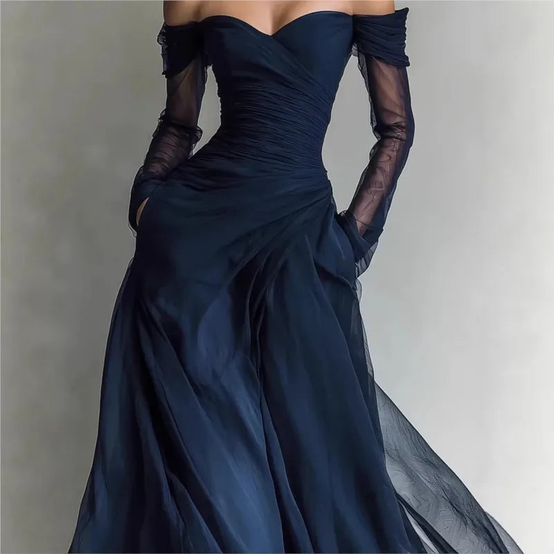 Éléonore | Lange Kleid mit schulterfreien Mesh-Einsätzen