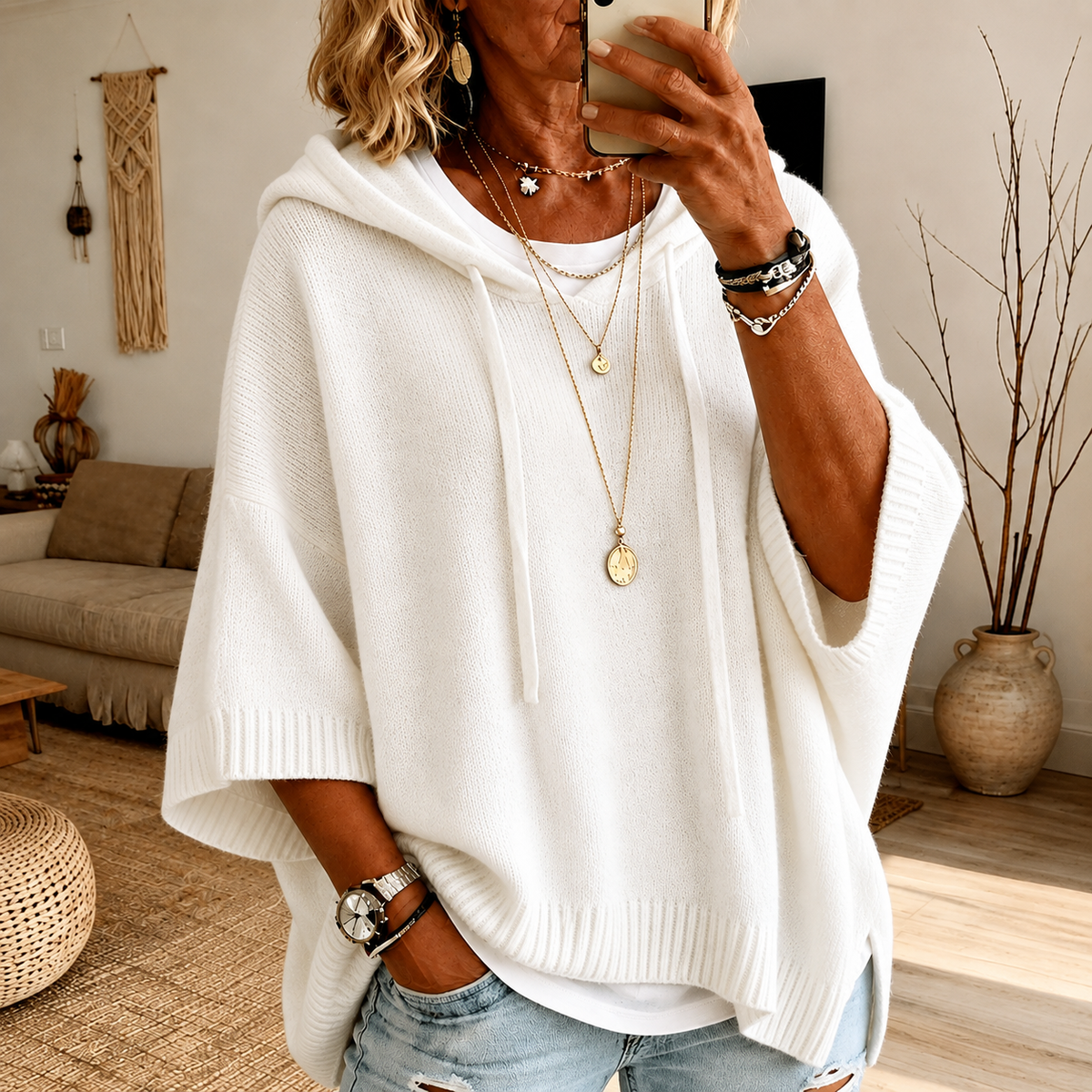 Janice | Kuscheliger Poncho-Pullover in Weiß