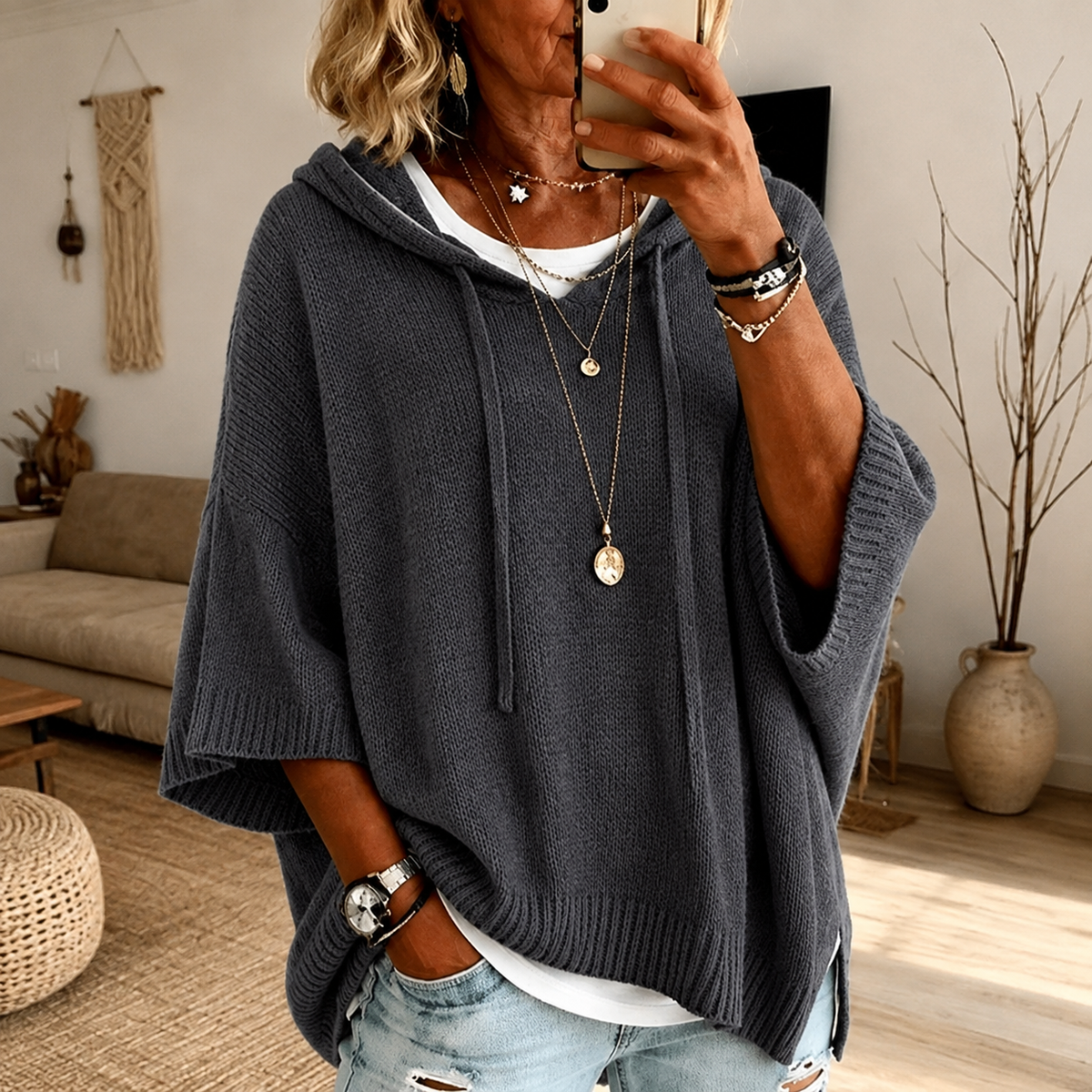 Camille | Eleganter Poncho-Pullover in Anthrazit