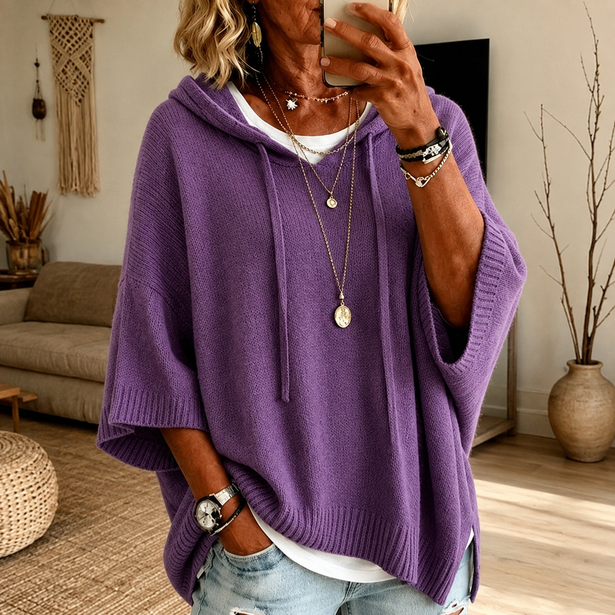 Élodie | Kuscheliger Poncho-Pullover in Violett
