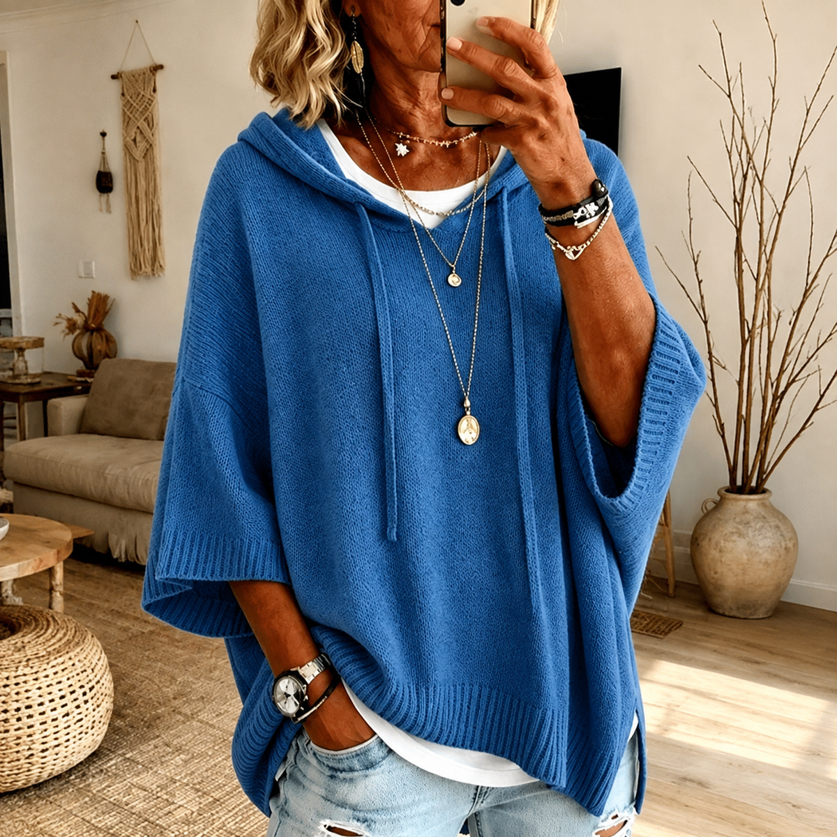 Amelie | Bequemer Poncho-Pullover in Blau