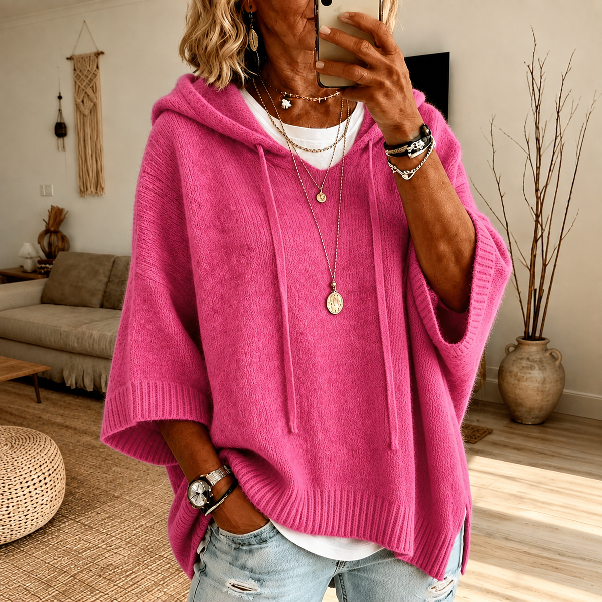 Chloe | Kuscheliger Poncho-Pullover in Rosa