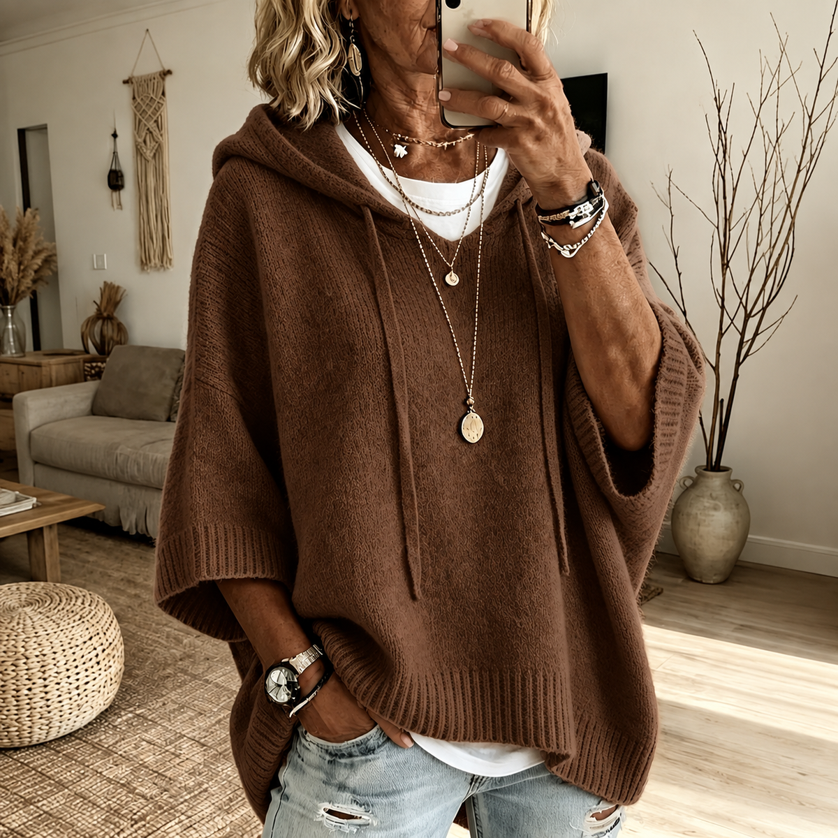 Louise | Kuscheliger Poncho-Pullover in Braun