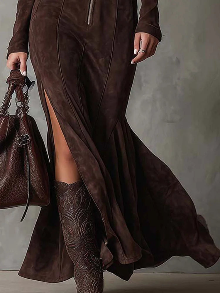 Noreva | Elegantes Wildleder-Look Maxikleid mit Taillengürtel