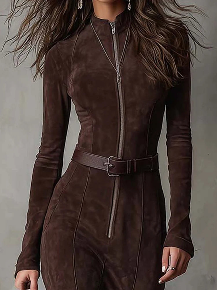 Noreva | Elegantes Wildleder-Look Maxikleid mit Taillengürtel