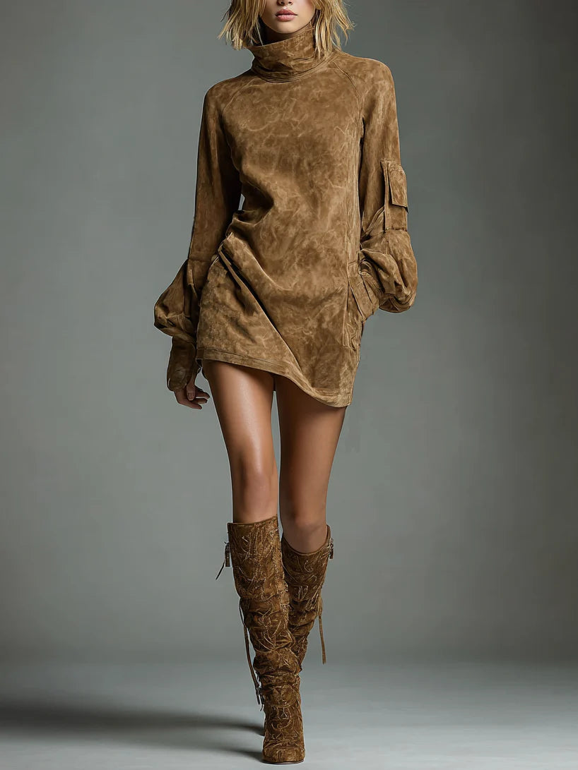 Bibiane | Oversize-Minikleid aus Wildlederimitat mit Stehkragen