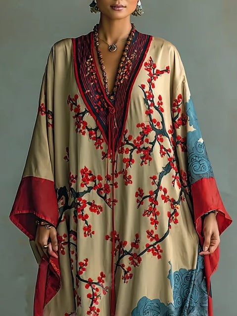 Prunelle | Maxikleid mit roten japanischen Pflaumenblüten und Fledermausärmeln