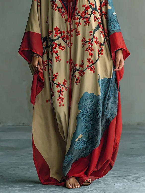 Prunelle | Maxikleid mit roten japanischen Pflaumenblüten und Fledermausärmeln