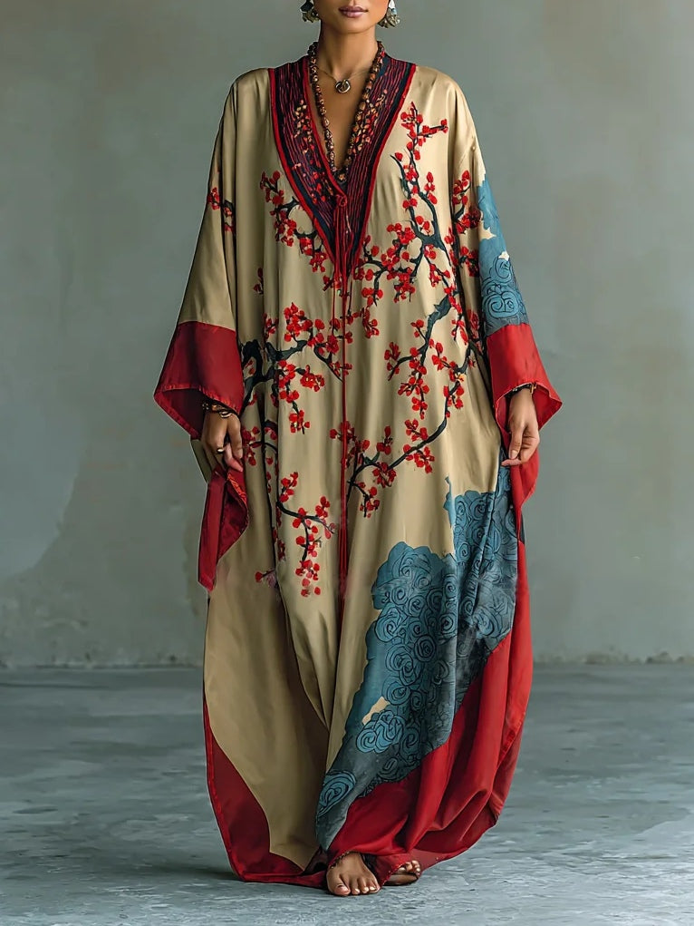 Prunelle | Maxikleid mit roten japanischen Pflaumenblüten und Fledermausärmeln