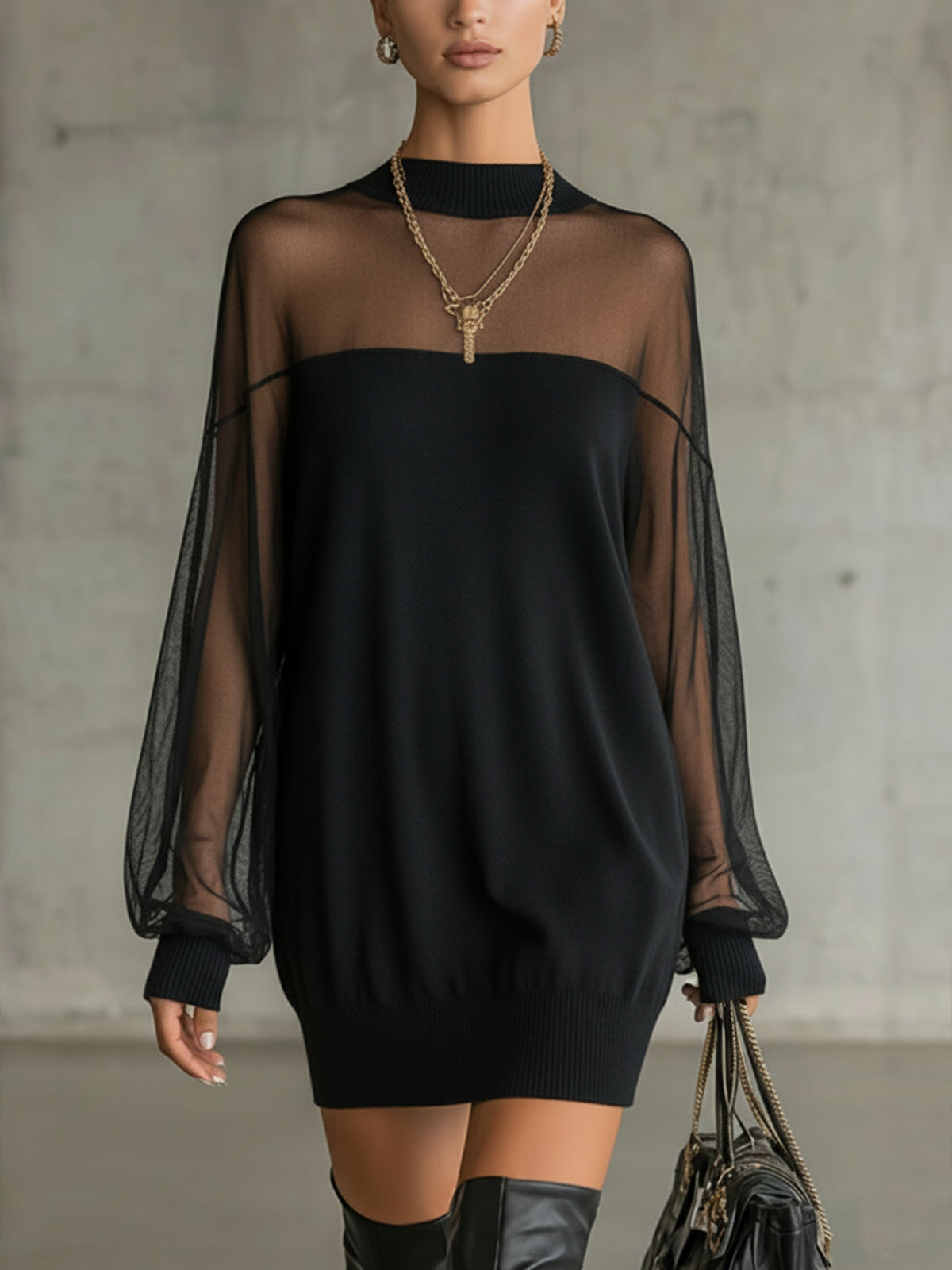 Domitille | Mini Schwarzes Kleid, Transparente Netzärmel, Hoher Kragen