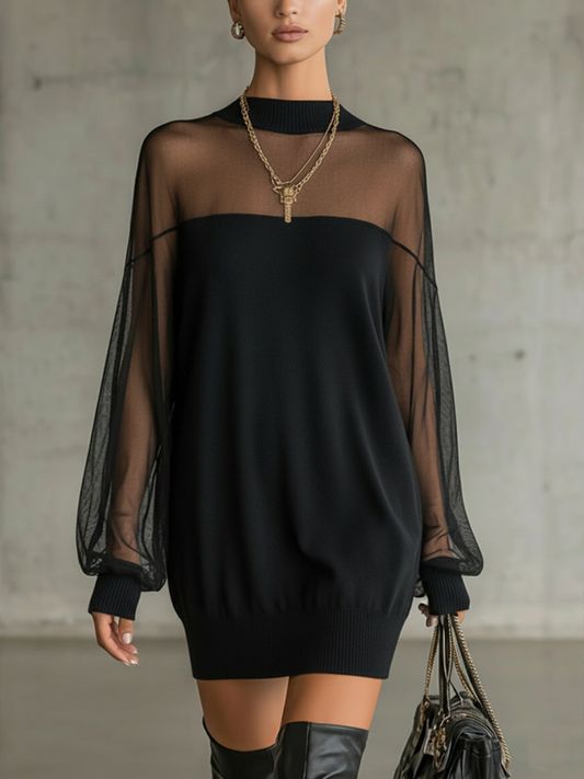 Domitille | Mini Schwarzes Kleid, Transparente Netzärmel, Hoher Kragen