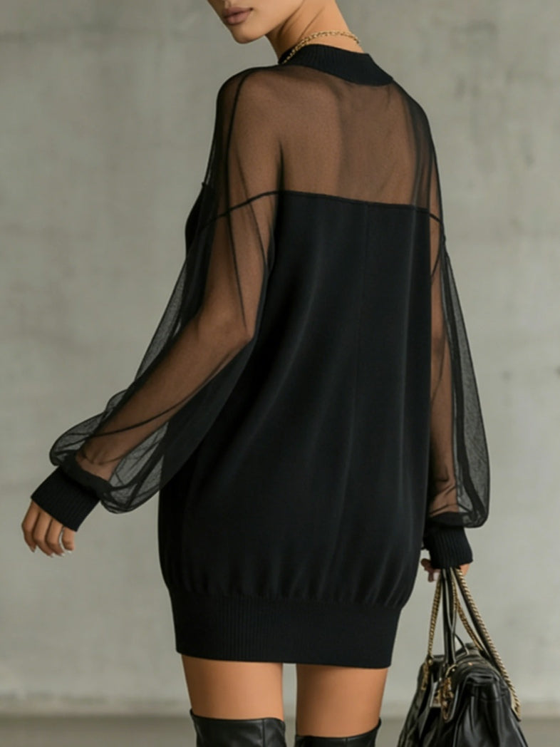 Domitille | Mini Schwarzes Kleid, Transparente Netzärmel, Hoher Kragen