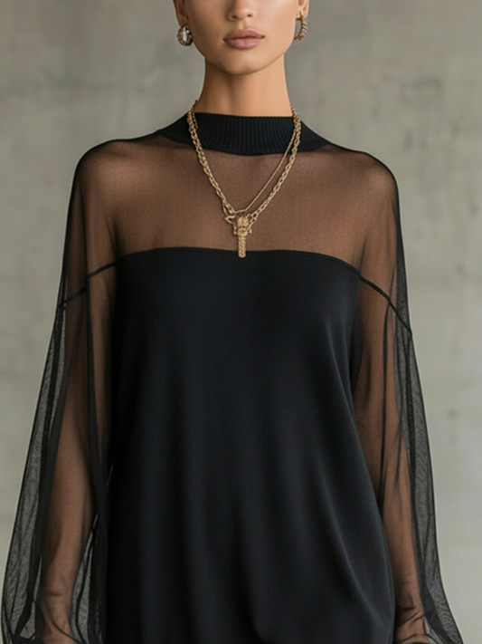 Domitille | Mini Schwarzes Kleid, Transparente Netzärmel, Hoher Kragen
