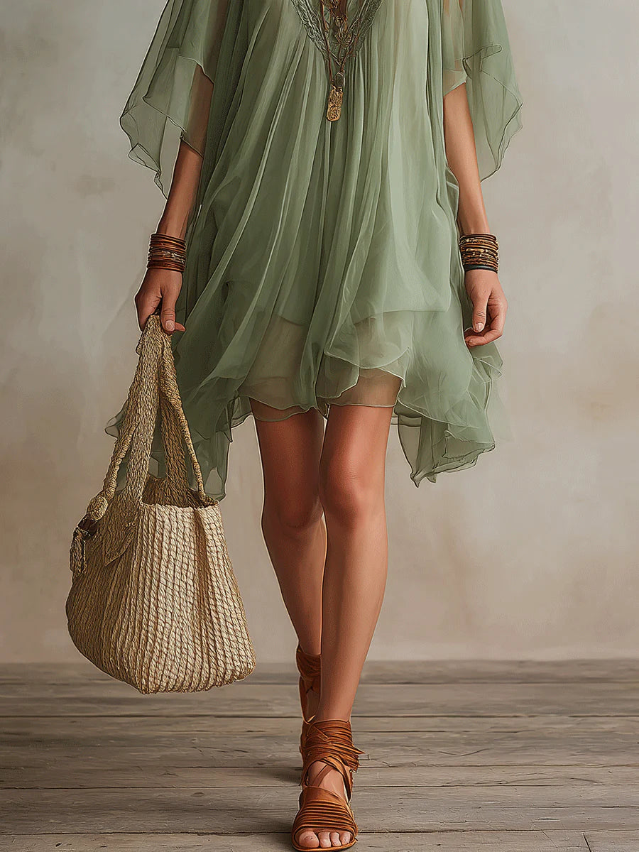 Emeraude | Mini-Fließendes Überwurfkleid, V-Ausschnitt Grün