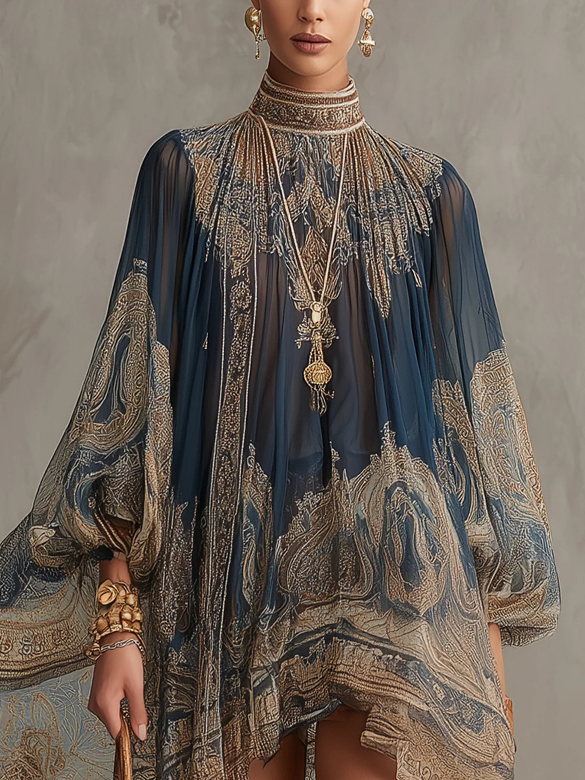 Bérénice | Mini Kleid Irregulär Barockdruck Marineblau, Hoher Kragen