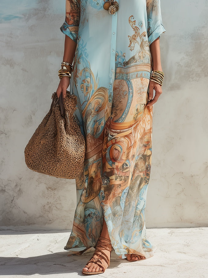 Valérie | Maxikleid mit Blauem Blumenmuster für den Urlaub