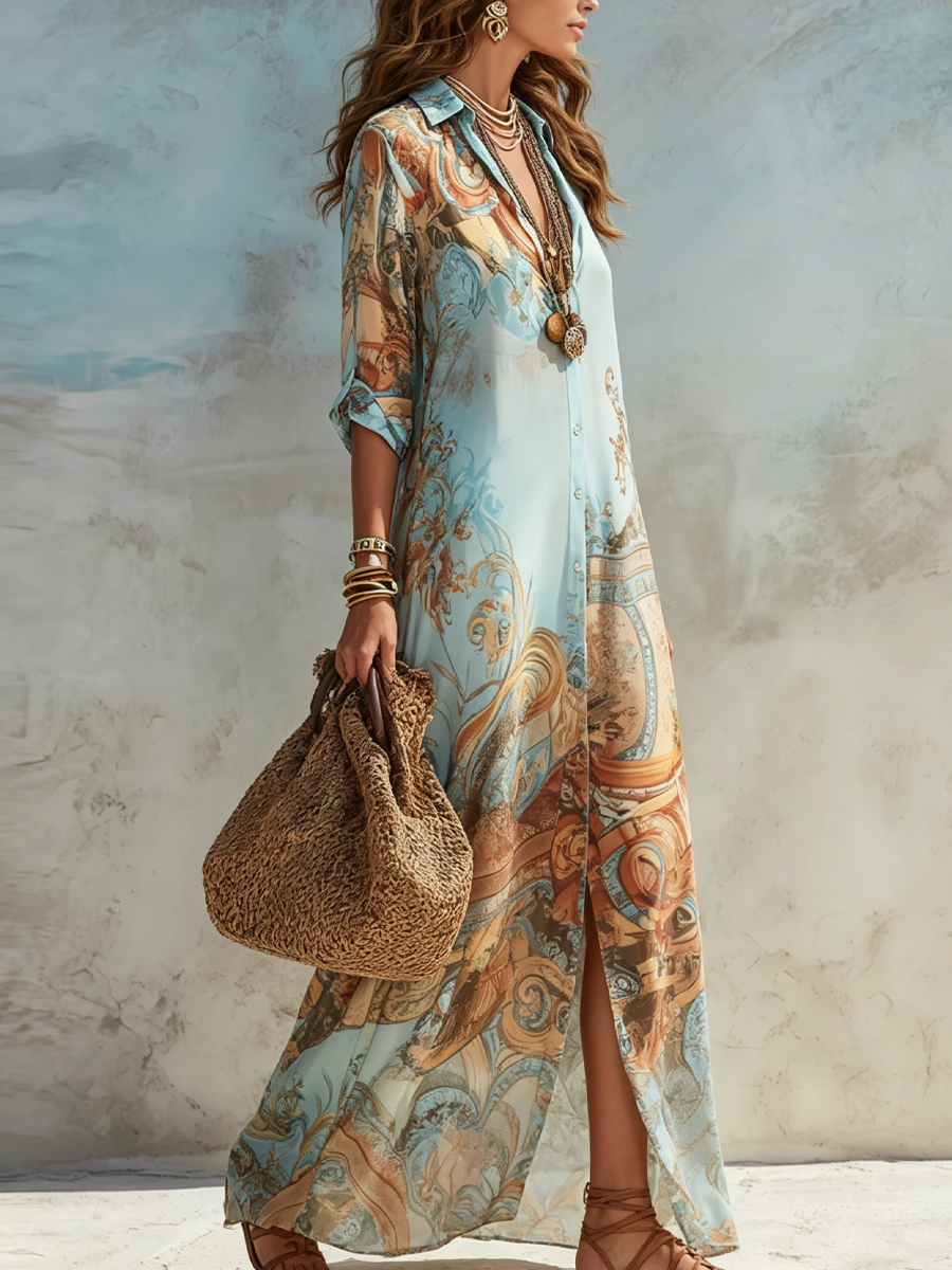 Valérie | Maxikleid mit Blauem Blumenmuster für den Urlaub