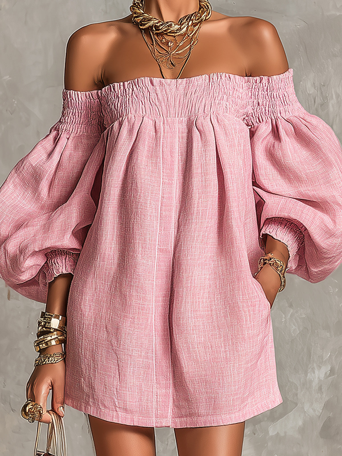 Rosabelle | Mini A-Linien Kleid, Lanternenärmel, Schulterfrei in Rosa