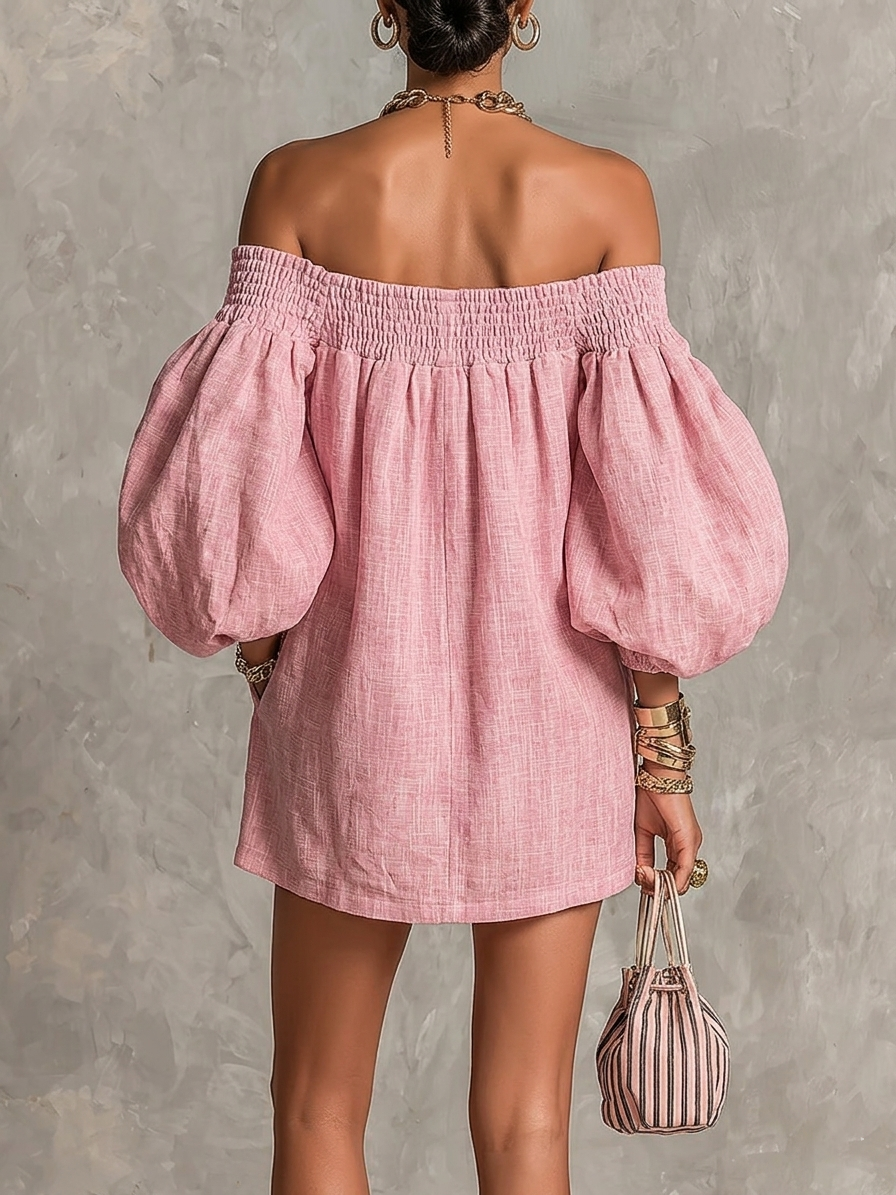 Rosabelle | Mini A-Linien Kleid, Lanternenärmel, Schulterfrei in Rosa
