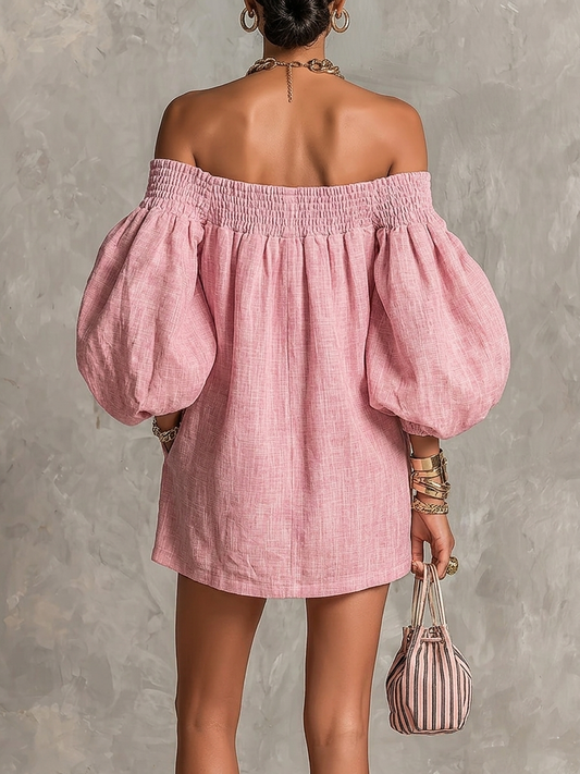 Rosabelle | Mini A-Linien Kleid, Lanternenärmel, Schulterfrei in Rosa