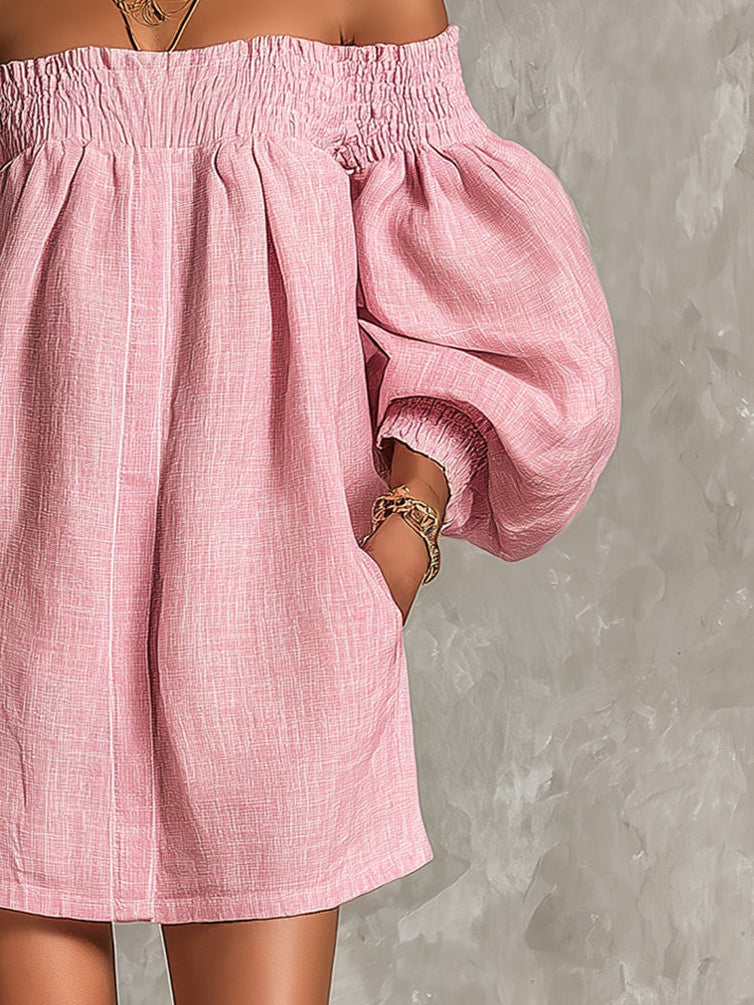 Rosabelle | Mini A-Linien Kleid, Lanternenärmel, Schulterfrei in Rosa