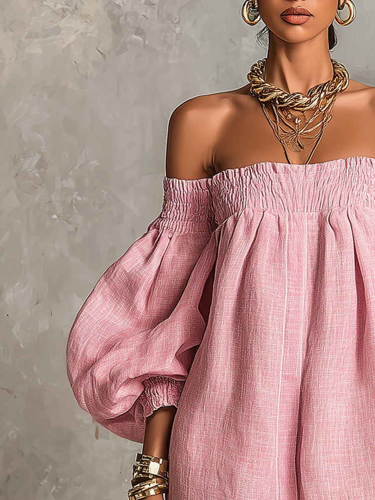 Rosabelle | Mini A-Linien Kleid, Lanternenärmel, Schulterfrei in Rosa