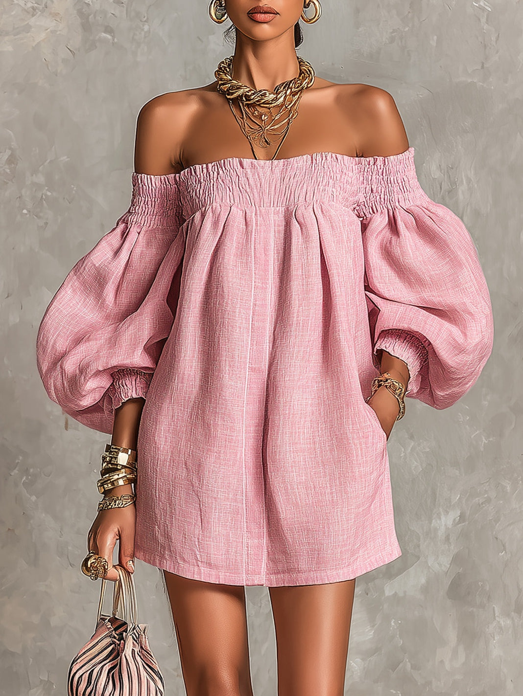 Rosabelle | Mini A-Linien Kleid, Lanternenärmel, Schulterfrei in Rosa