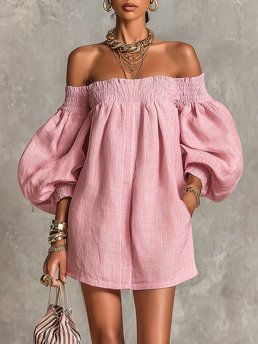 Rosabelle | Mini A-Linien Kleid, Lanternenärmel, Schulterfrei in Rosa