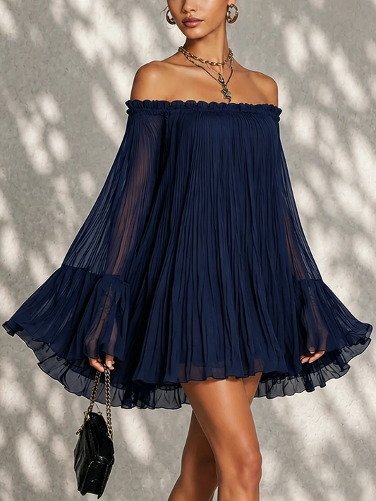 Ondine | Mini Kleid mit Glockenärmeln, Rüschen, Freiliegenden Schultern